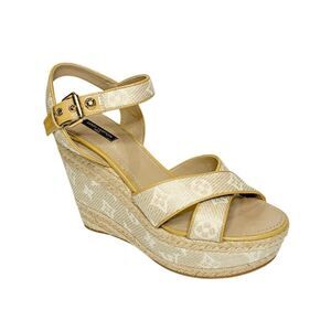 Louis Vuitton Monogram Espadrille Platform Strappy Wedge Sandals EU 41 Tan Beige